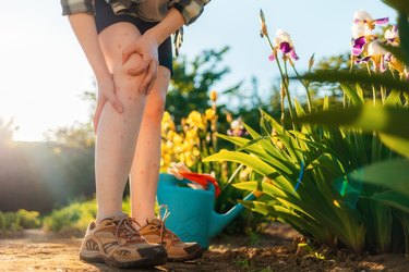 Woman scratching leg in garden