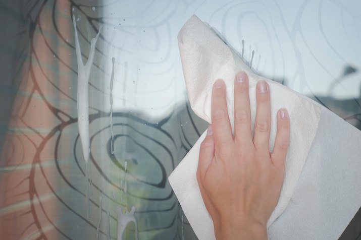 Cropped Hand Of Woman Cleaning Glass Window With Textile At Home
