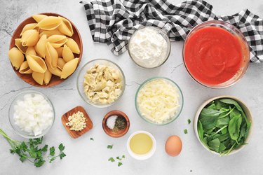 Ingredients for spinach artichoke stuffed shells