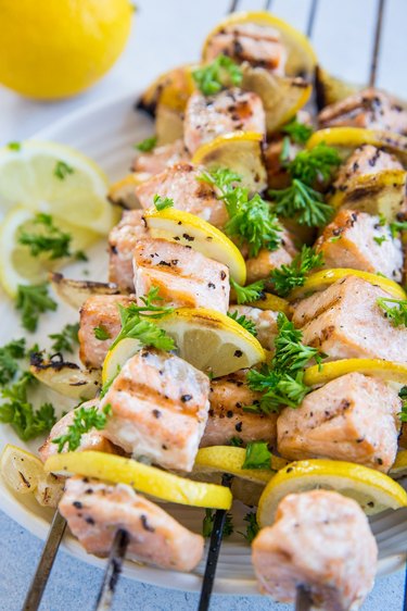 salmon kabobs on a plate