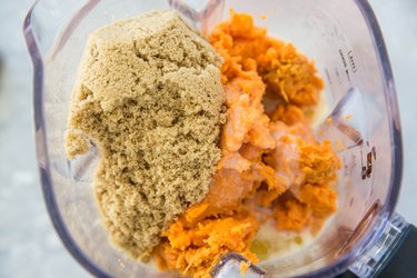 Ingredients of sweet potato souffle in a blender