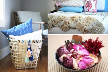 A storage basket, a bed and throw blanket, potpourri.